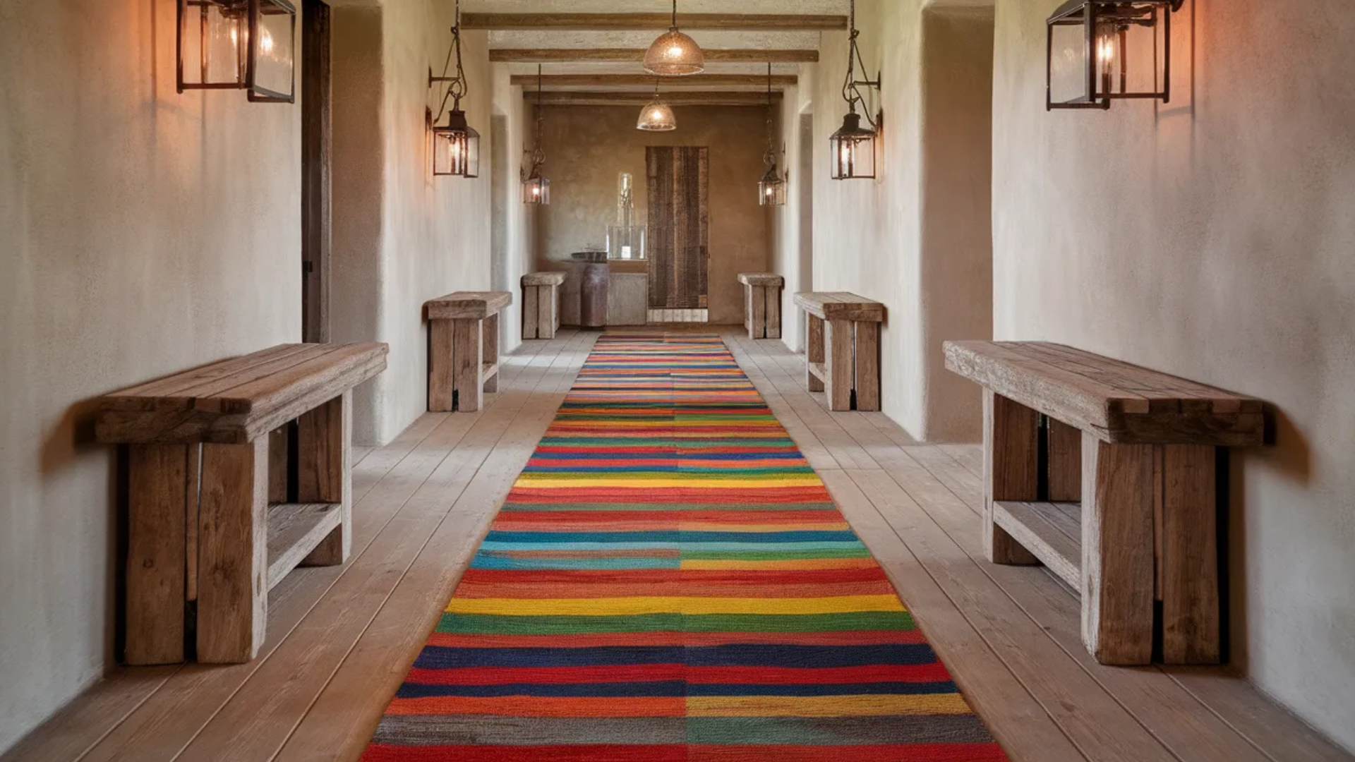 hallway with colorful patterned runner on rustic wooden floors