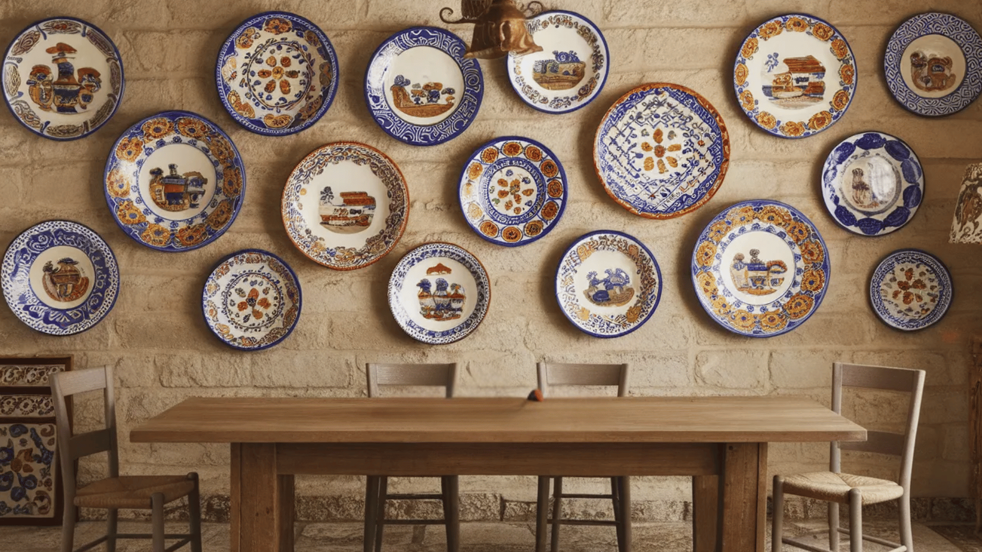 hand painted ceramic plates on a wall in a dining room