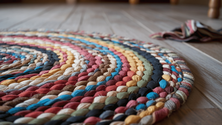 handmade rag rug with colorful fabric strips arranged in a spiral pattern on a wooden floor