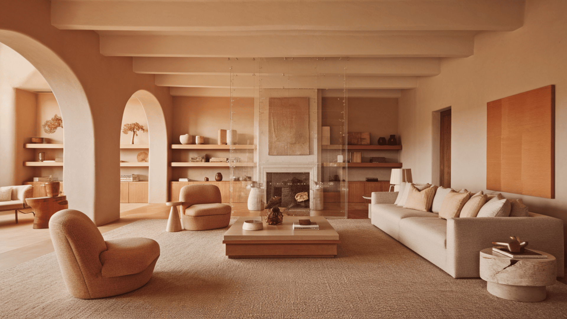 harmonious living room with warm neutral palette, focal fireplace wall, balanced seating, and repeated wood finishes