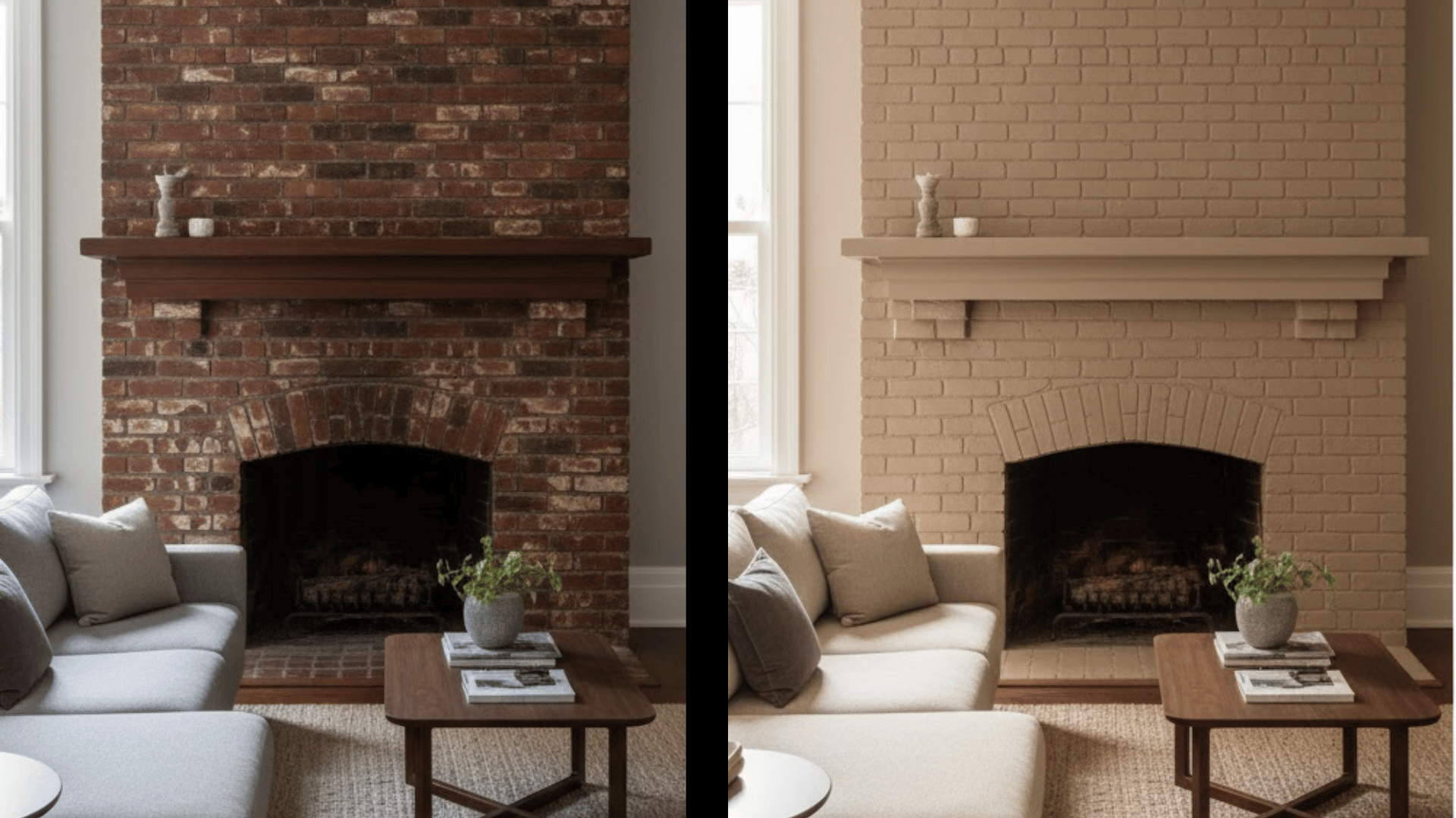 harsh red brick tones updated to a soft, inviting taupe that harmonizes beautifully with plush neutral furniture.