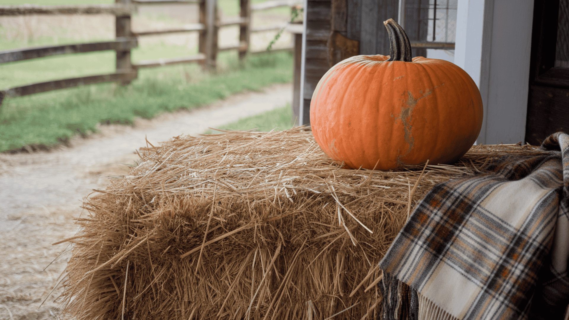 hay bale with a large pumpkin on top and a plaid throw draped over the corner near a farmhouse door