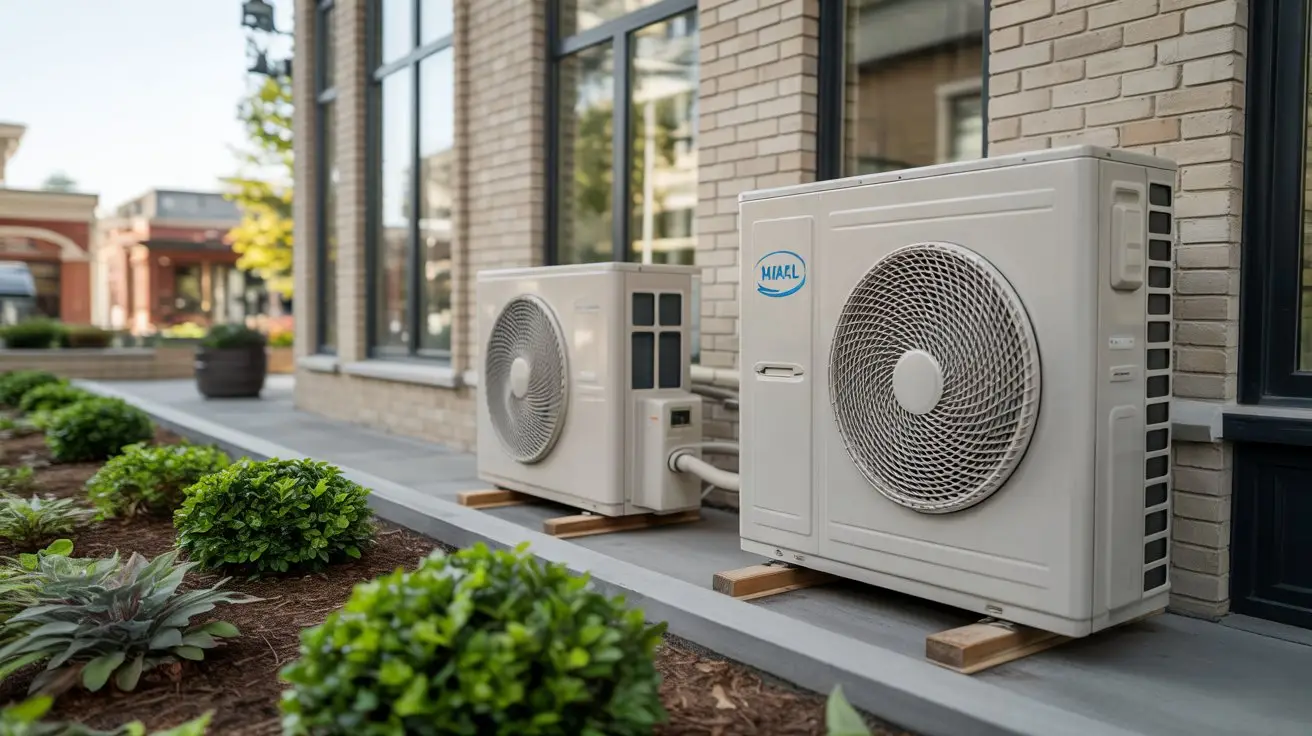 Air conditioning units outside a brick building with green shrubs nearby