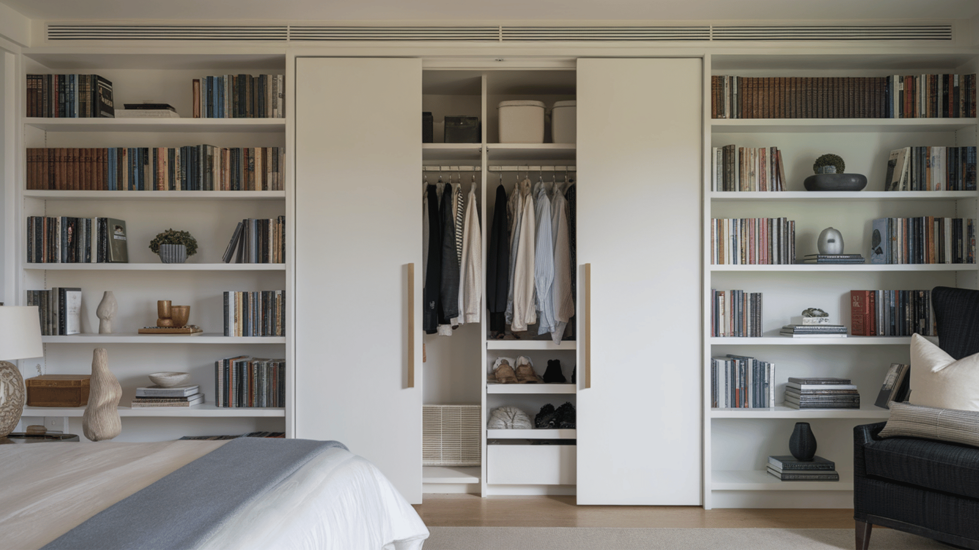 hidden closet behind a bookshelf or sliding panel, creating a sleek and secret storage solution