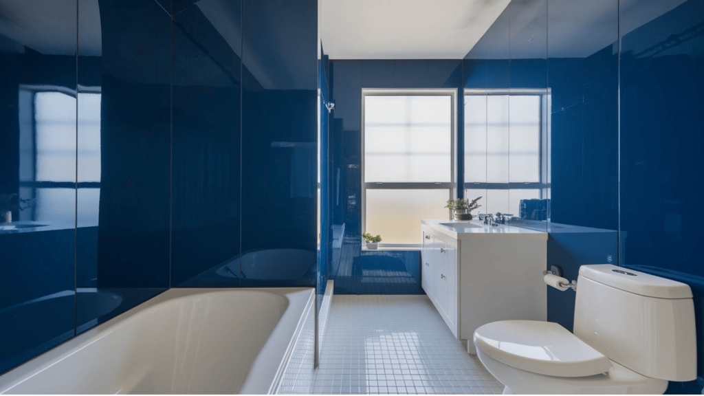 high gloss lacquered wainscoting on bathroom walls