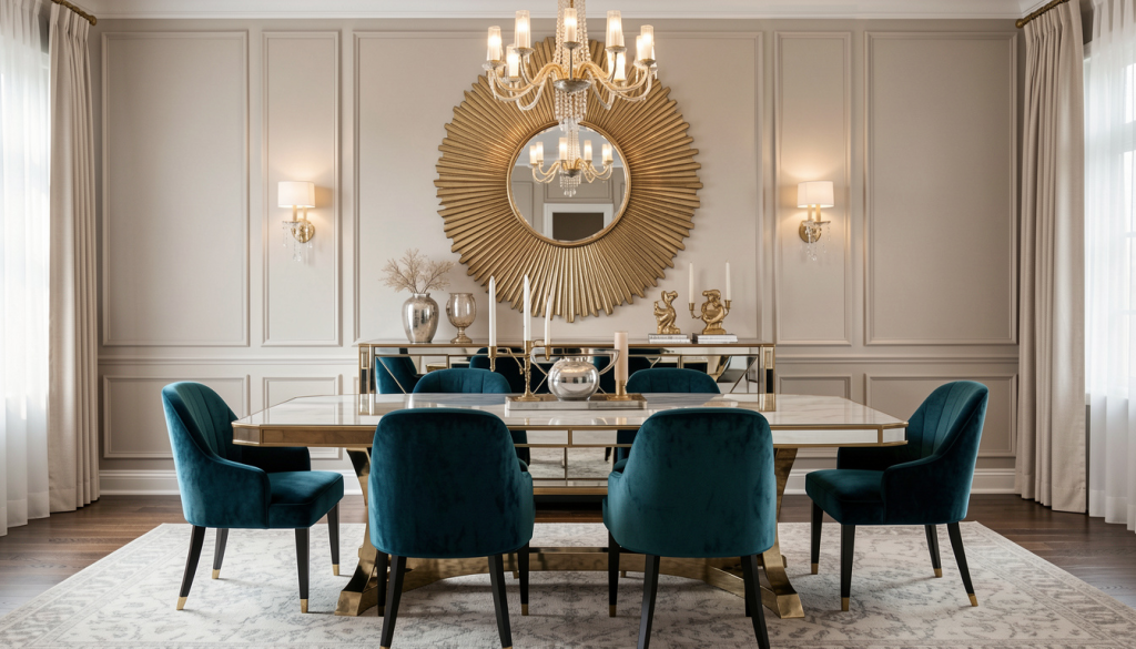 hollywood regency transitional doining room with luxurious metal accents