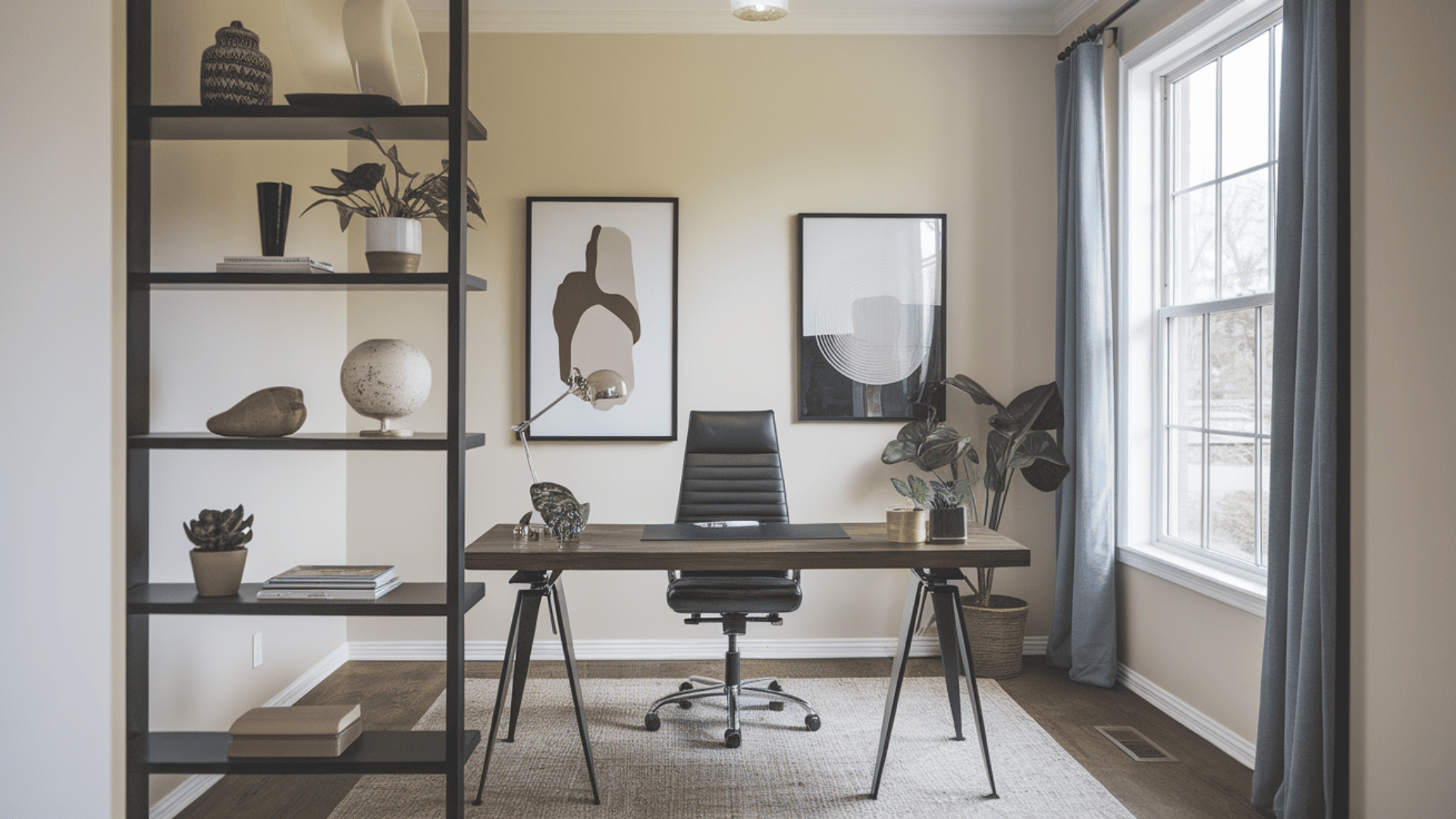 home office with desk facing the door, window to the side, tidy workspace, small plant, and clear floor space
