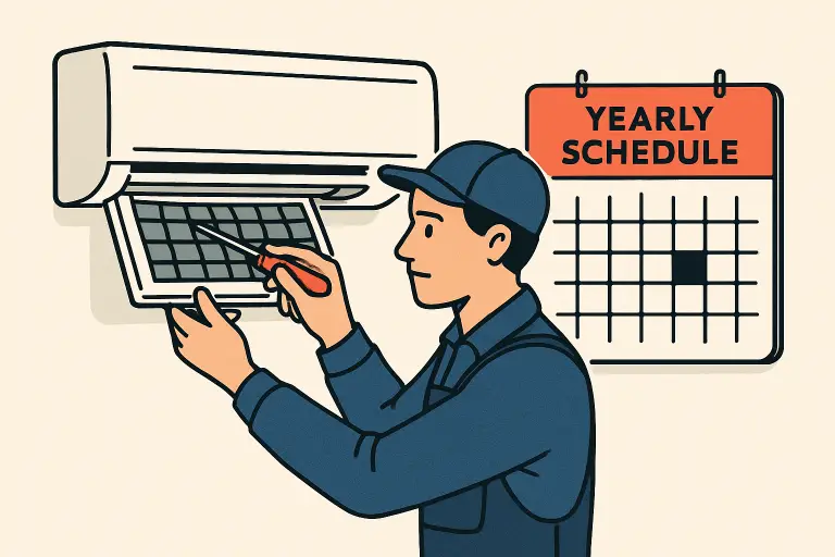 Technician replacing air filter in wall-mounted unit next to yearly schedule calendar