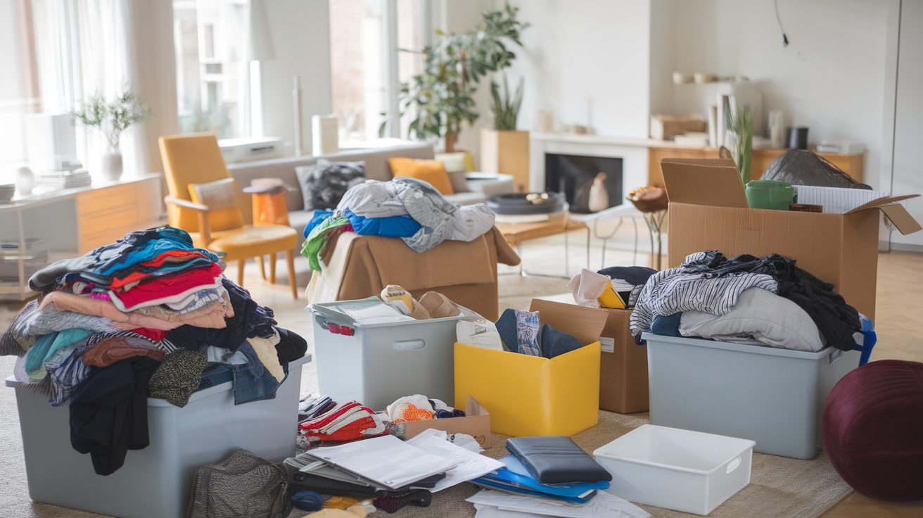 how to declutter your room by organising items iinto different buckets and boxes
