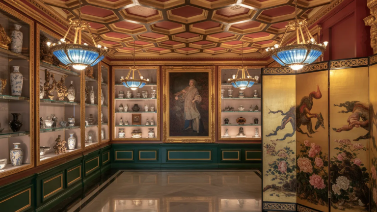 image showcases an elegant interior with golden framed light fixtures, shelves filled with porcelain vases, a large portrait in the center, and decorative panels on the side. The rich colors and o