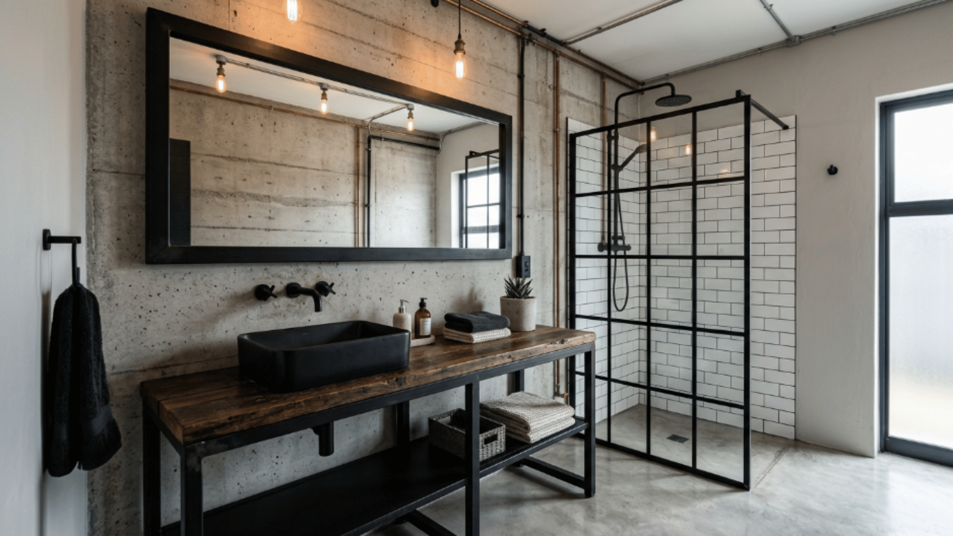industrial bathroom with concrete floor exposed pipes metal mirror and simple vanity