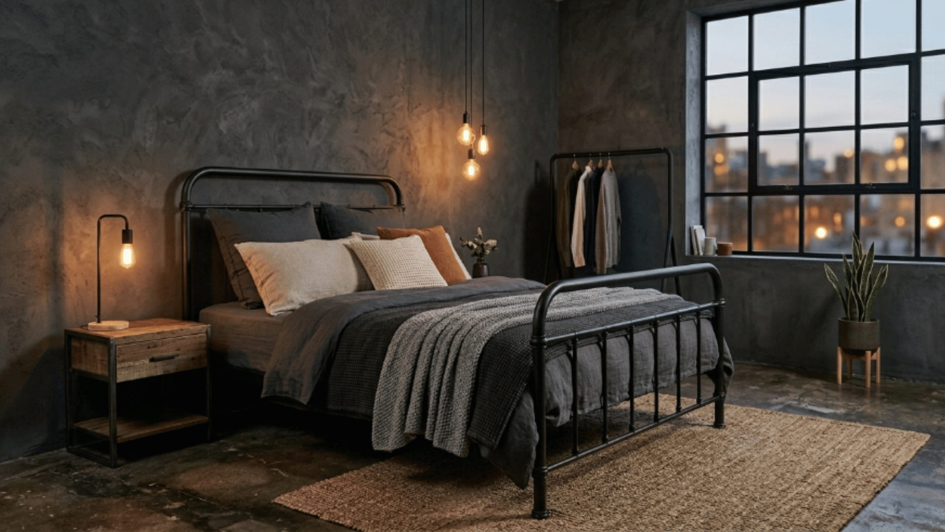 industrial bedroom with metal bed frame dark bedding hanging bulbs concrete walls large window and minimal decor