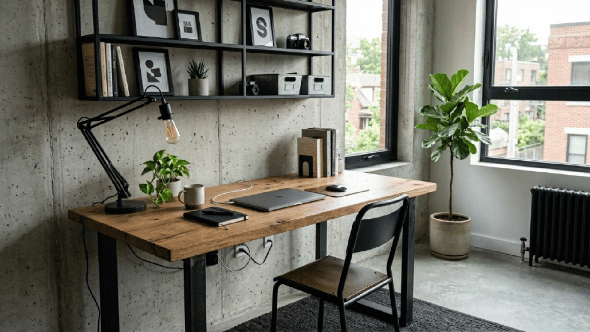 industrial home office with wooden desk metal shelves concrete wall and clean workspace
