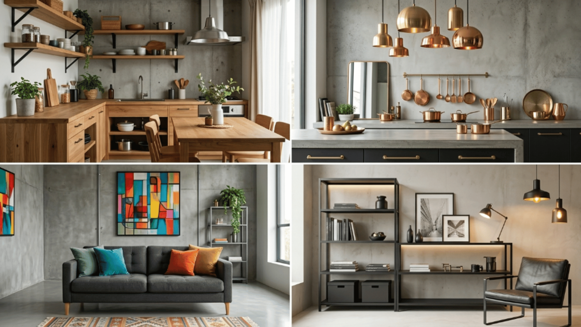 industrial interior collage with warm wood kitchen brass and copper accents colorful sofa decor and matte black shelving and furniture