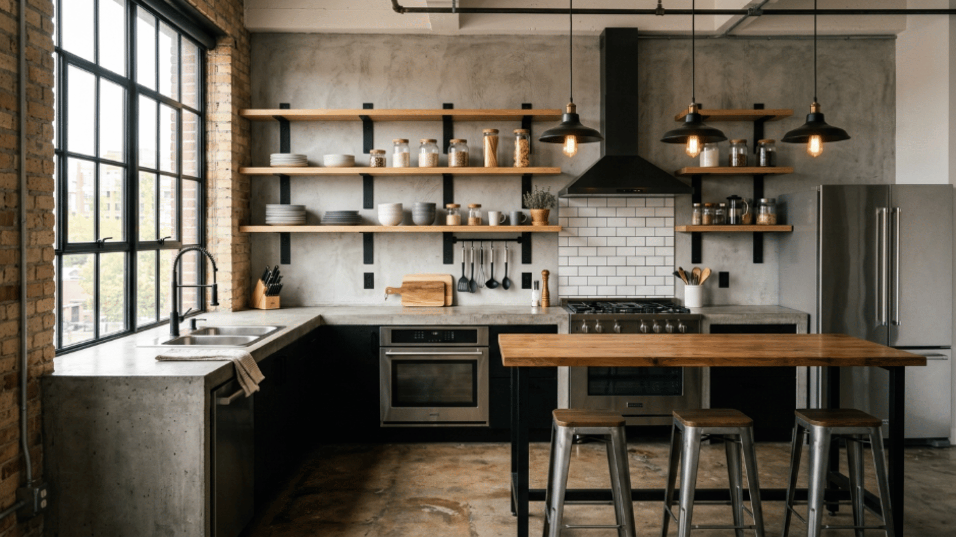 industrial kitchen with open shelves steel appliances concrete countertop and hanging lights