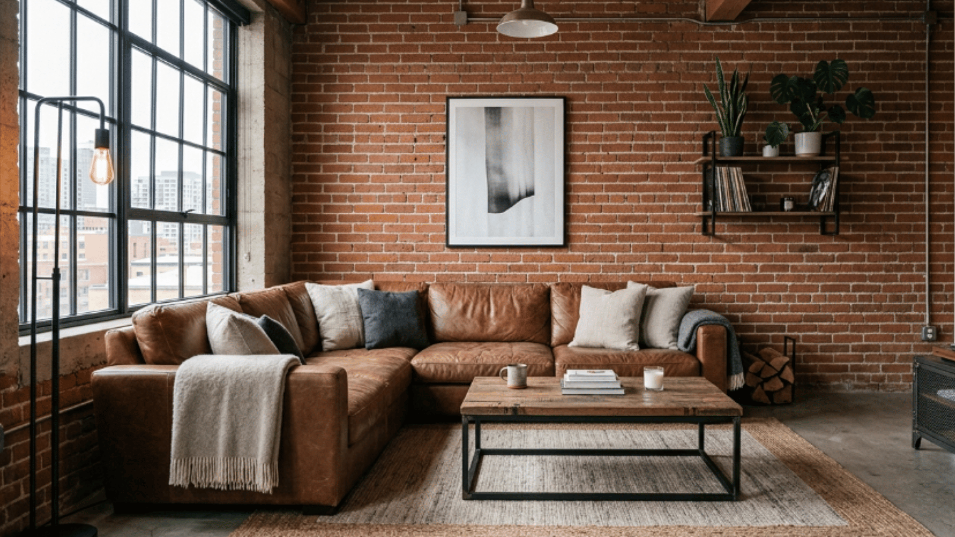 industrial living room with leather sofa exposed brick wall metal coffee table and natural light