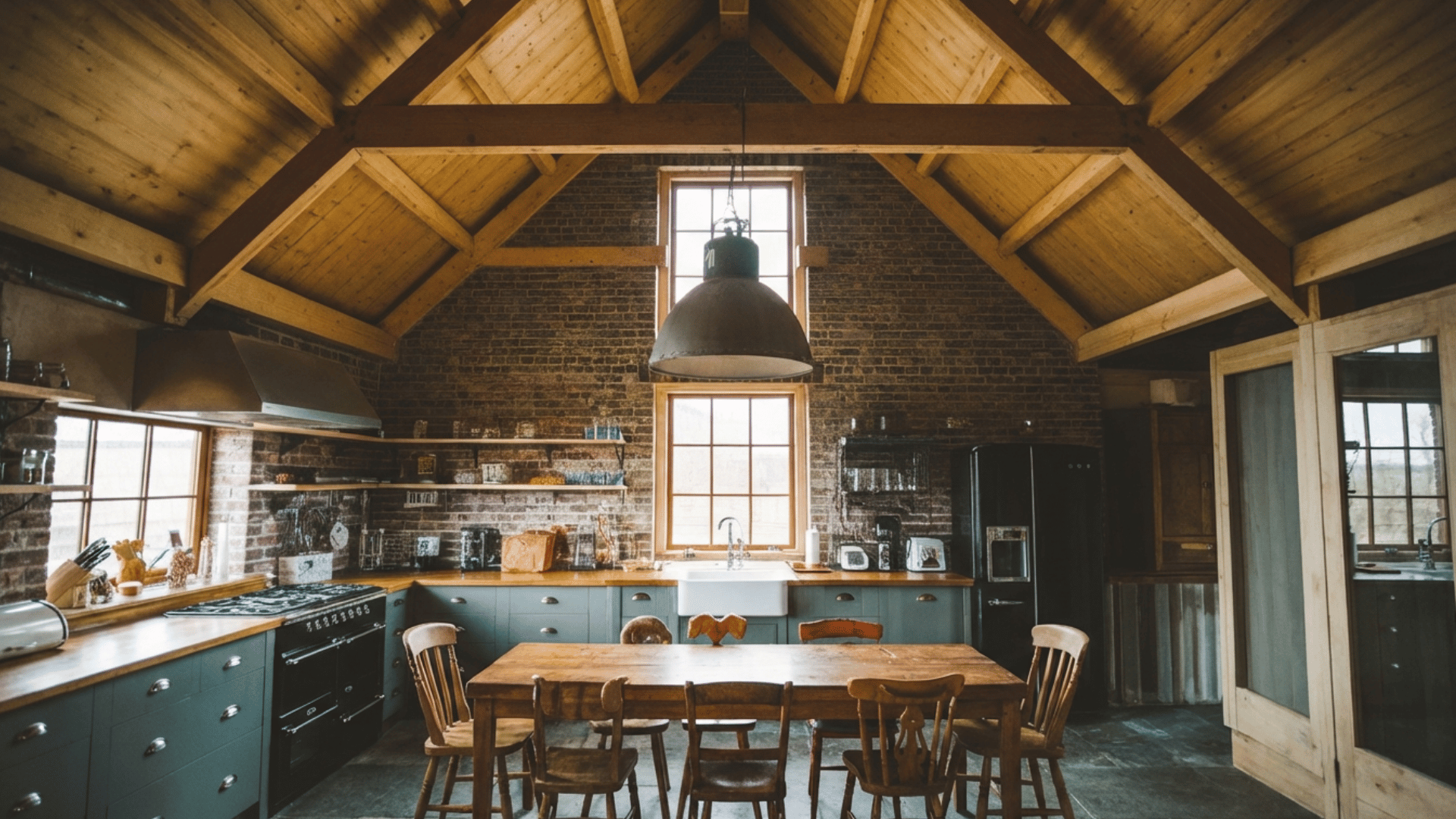 industrial loft kitchen with metal pendant lighting, timber rafters, and stone flooring.
