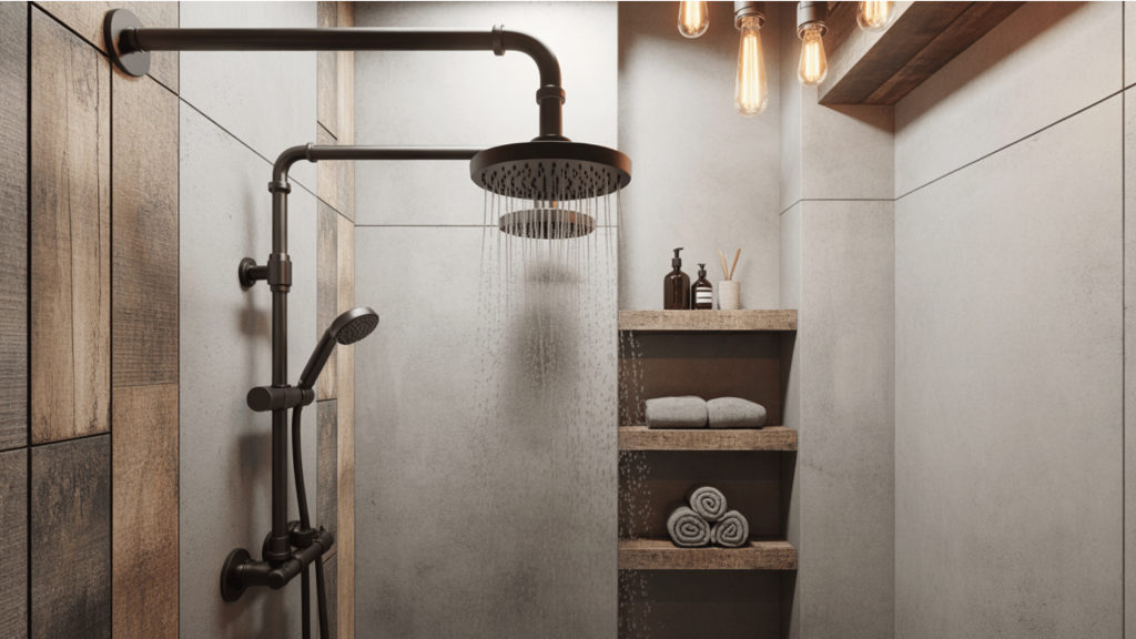 industrial-style shower with black fixtures, wood accents, and exposed plumbing.