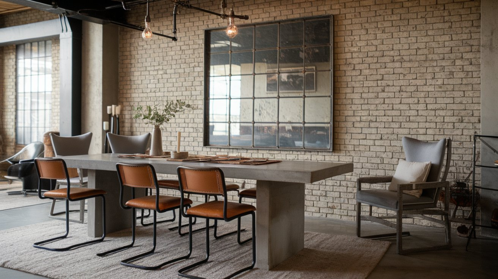 industrial transition dining room with metal accents and concrete table