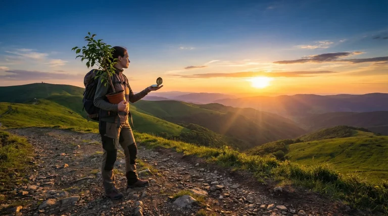 Hiker with backpack and sapling on rocky trail during sunset in mountainous landscape