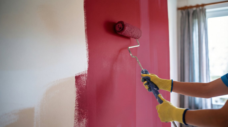 interior of a wall being painted red by a roller brush