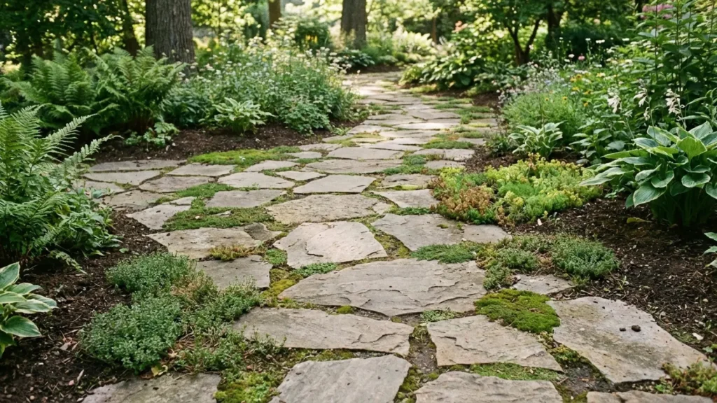 irregular flagstone pieces arranged as a garden path with soil visible between joints