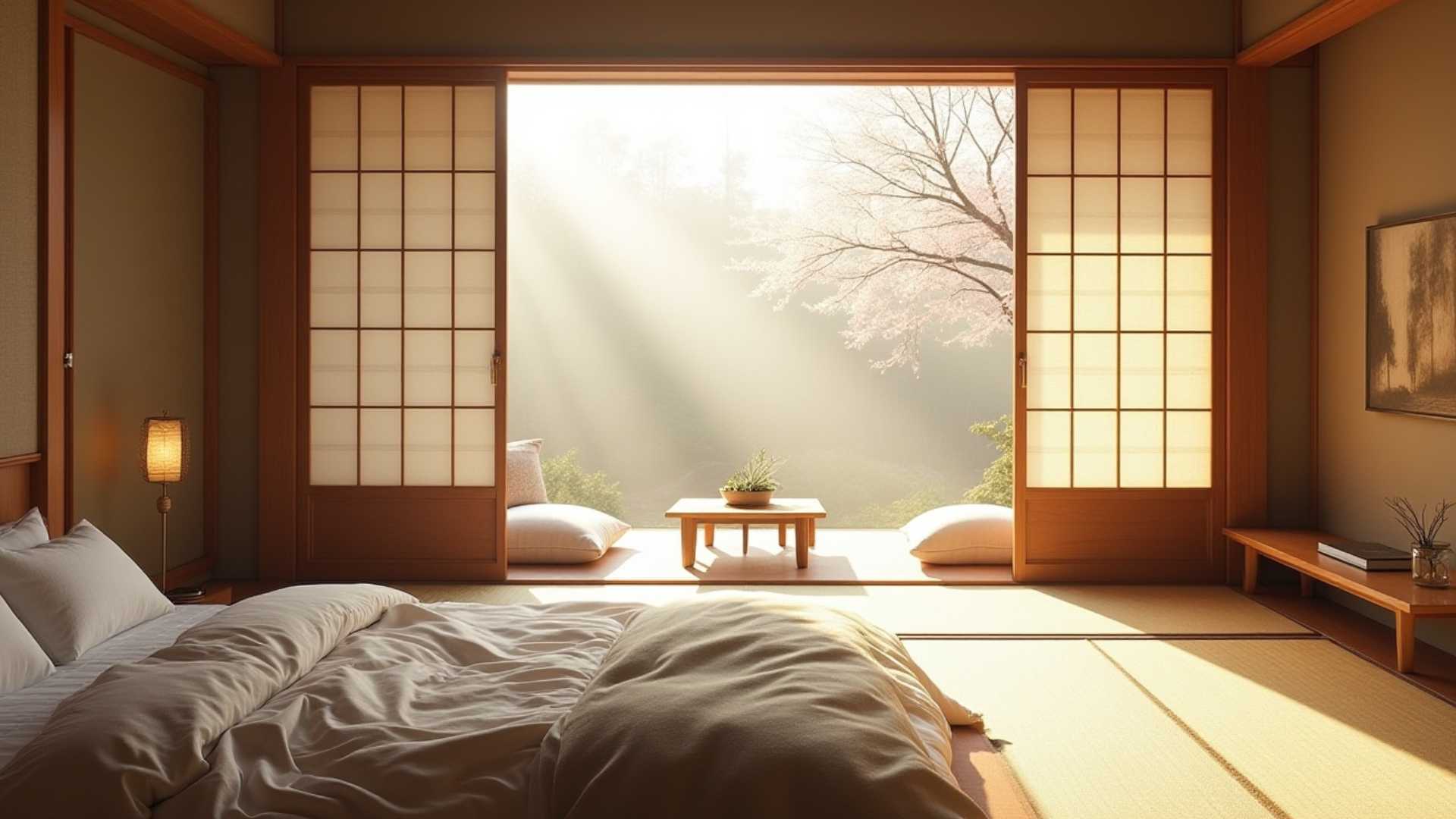 japandi partition featuring shoji-style panels separating the bed from a clean-lined sitting area in neutral tones