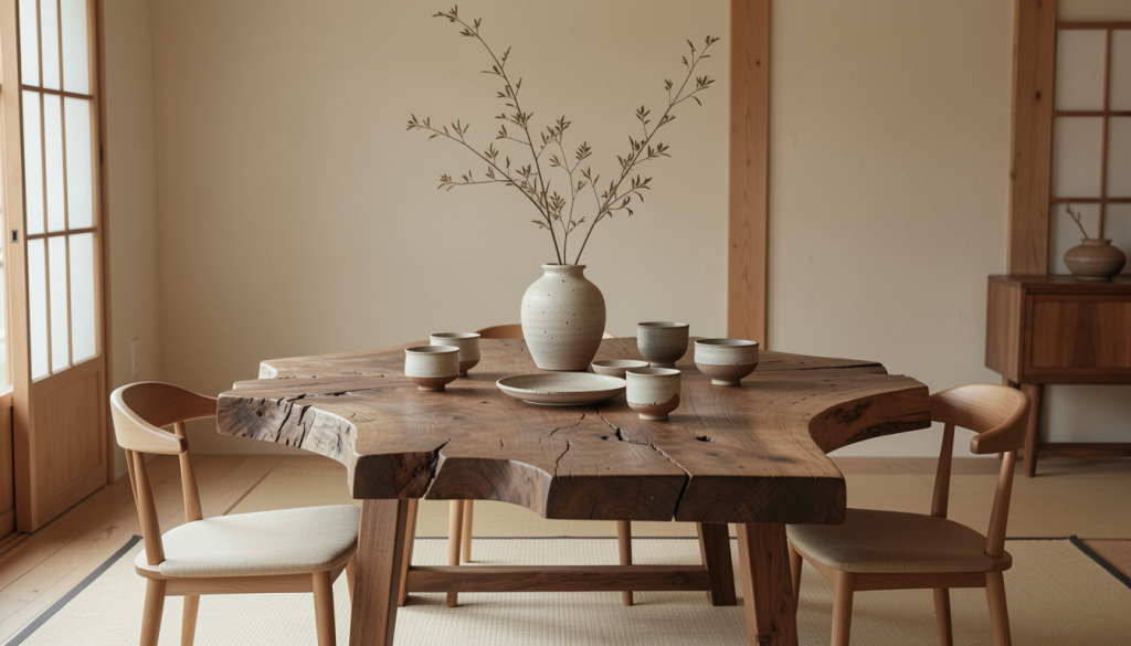 japanese wabi-sabi transitional dining room with natural wood