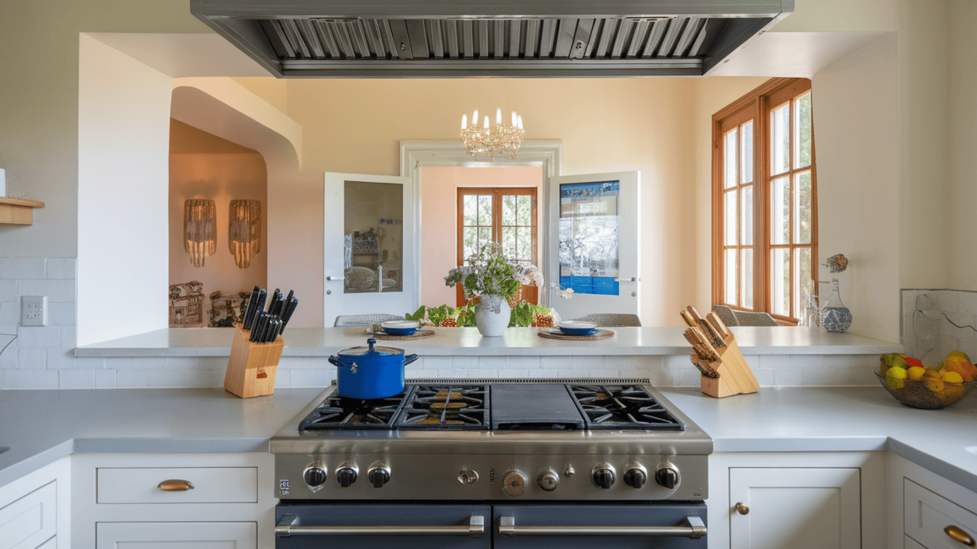 kitchen with stove positioned to view the entrance, clear countertops, bright lighting, and open walking space