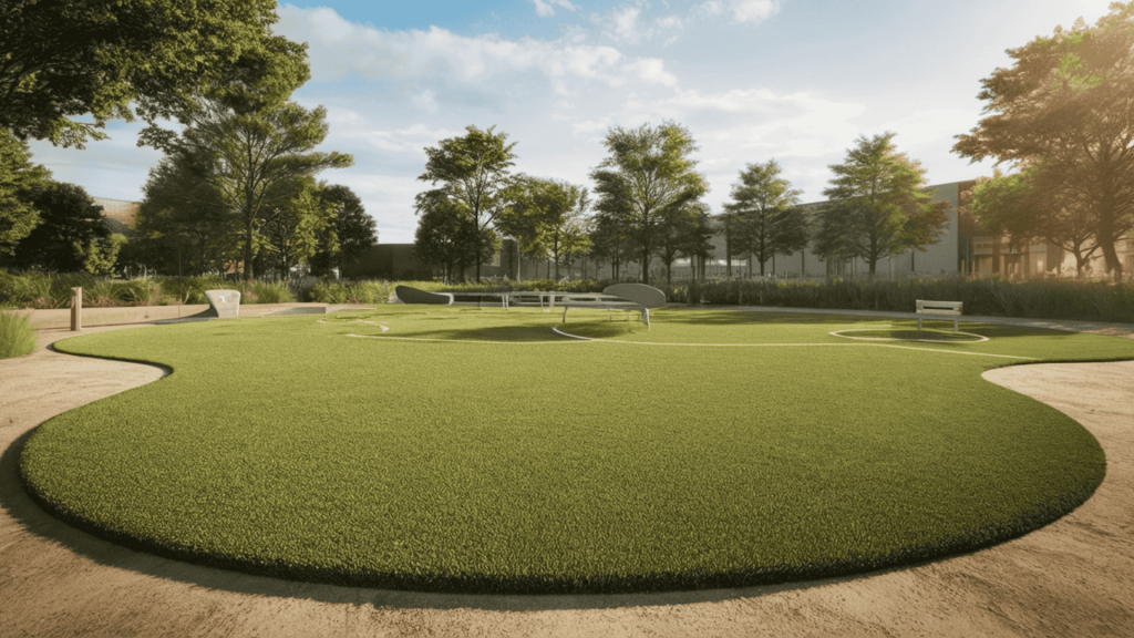 landscaped park with circular green lawn, curved pathways, benches, trees, and soft sunlight in a calm outdoor setting