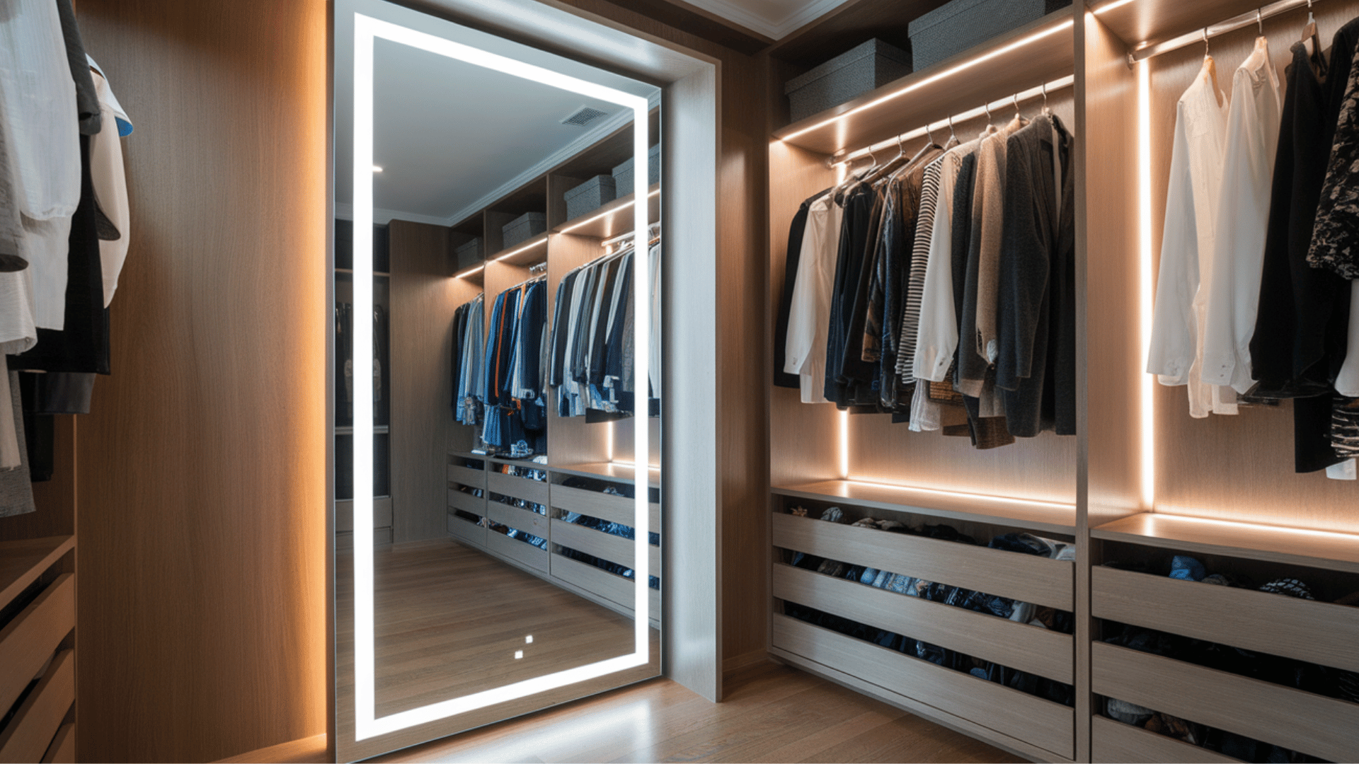 large backlit full-length mirror in the closet for functionality and enhancing the space’s appearance