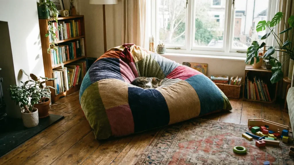 large colorful bean bag chair on a wooden floor in a casual bright living room with soft natural light