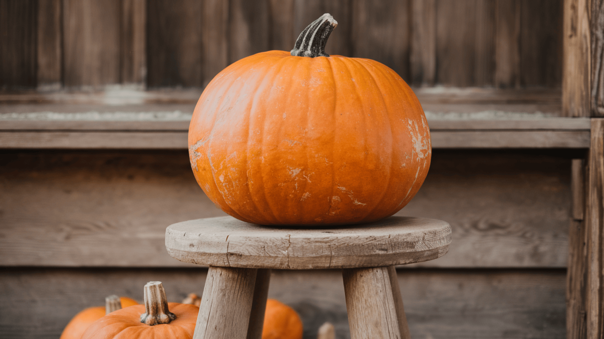 large pumpkin stacked on a rustic wooden stool with small pumpkins grouped around the base