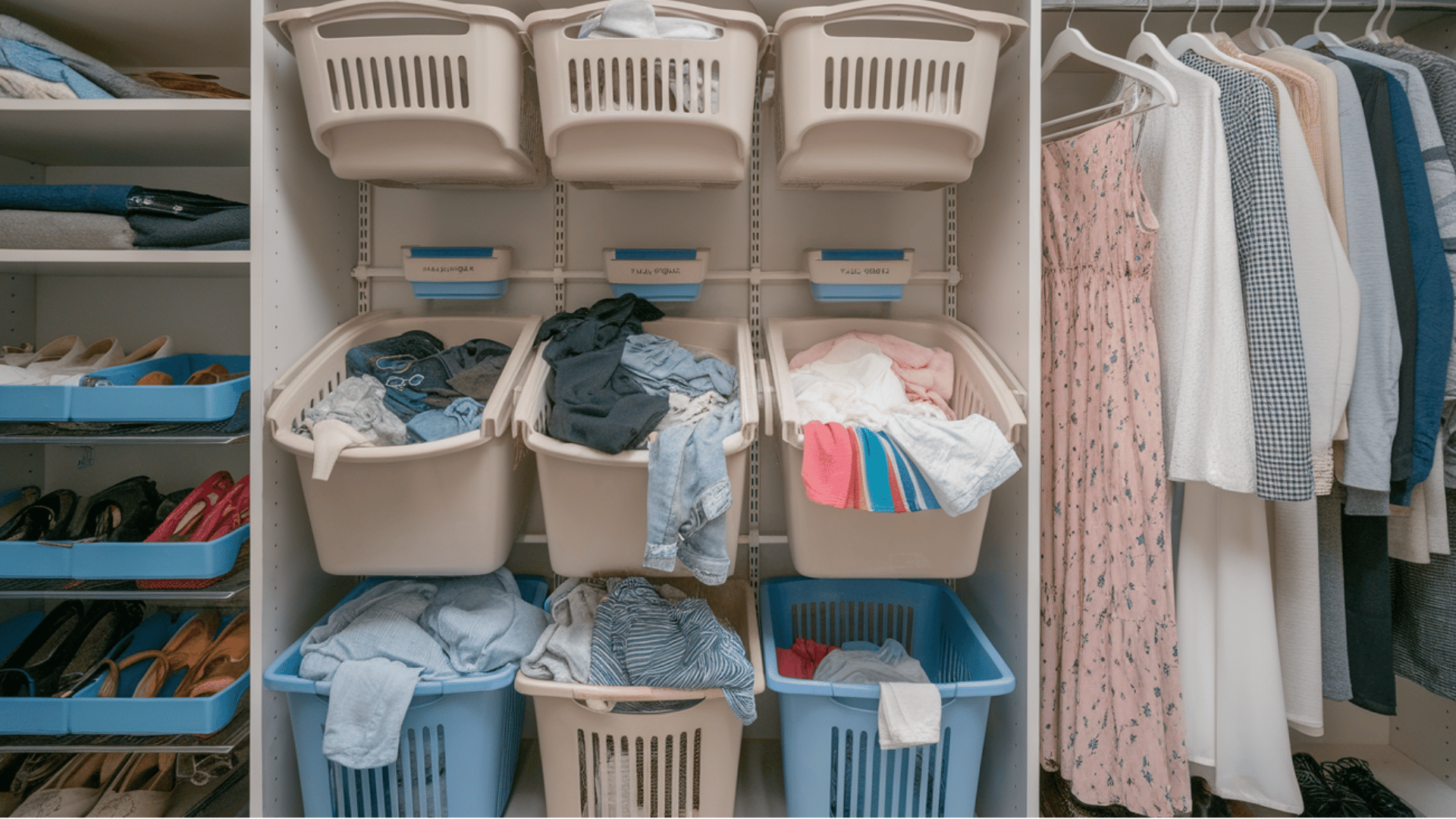 laundry sorting station in closet with bins for separating clothes by type, color, and fabric