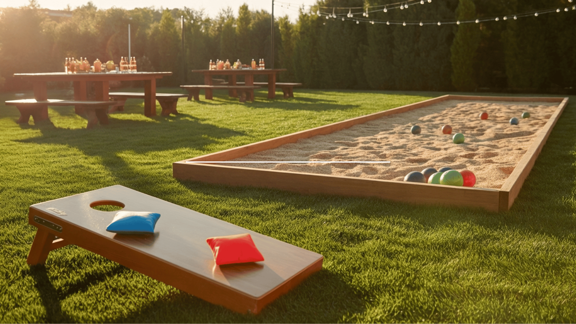 lawn games zone with cornhole, horseshoes, and bocce ball