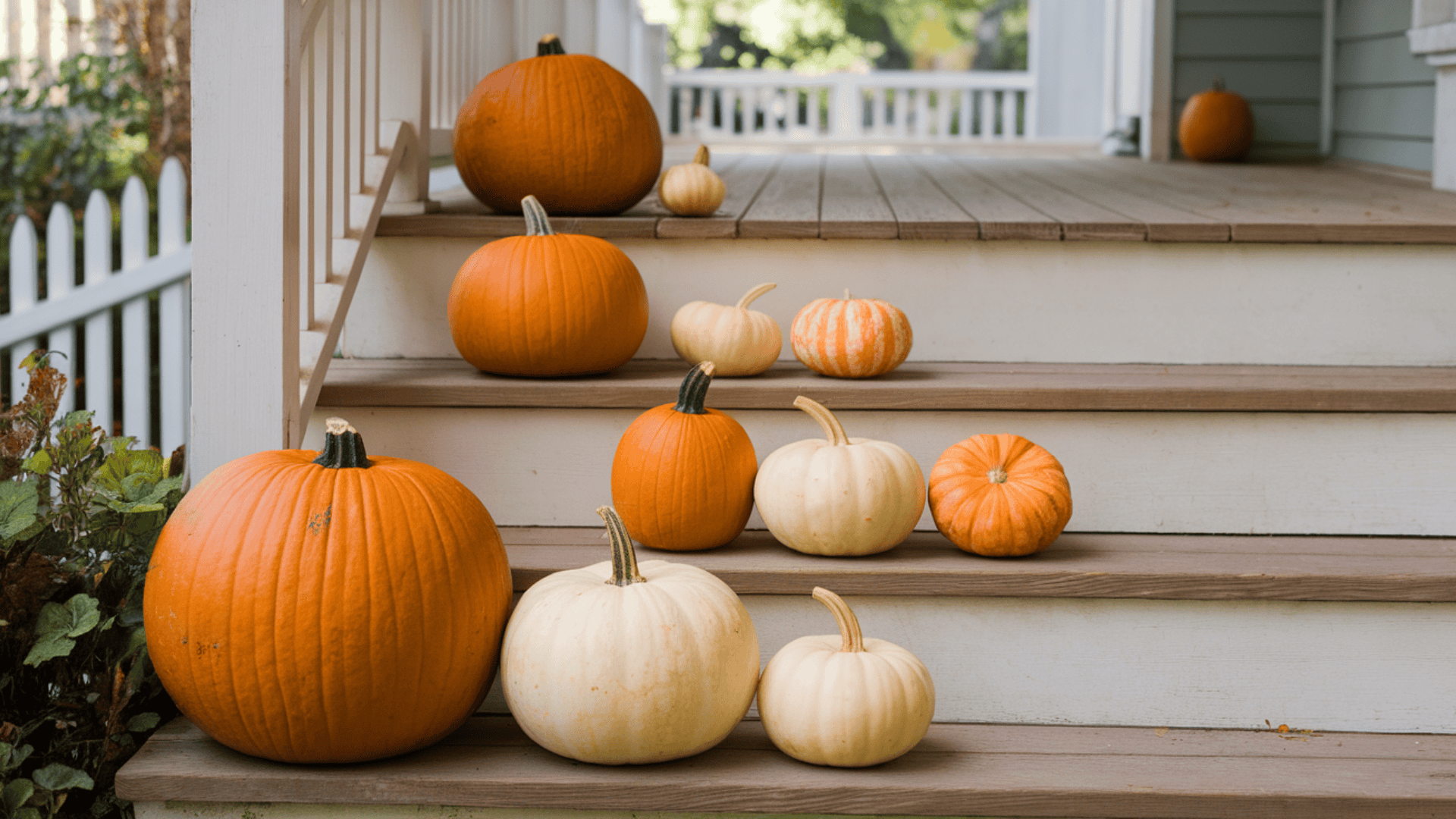 layered orange and cream pumpkins arranged by size on rustic farmhouse porch steps in fall
