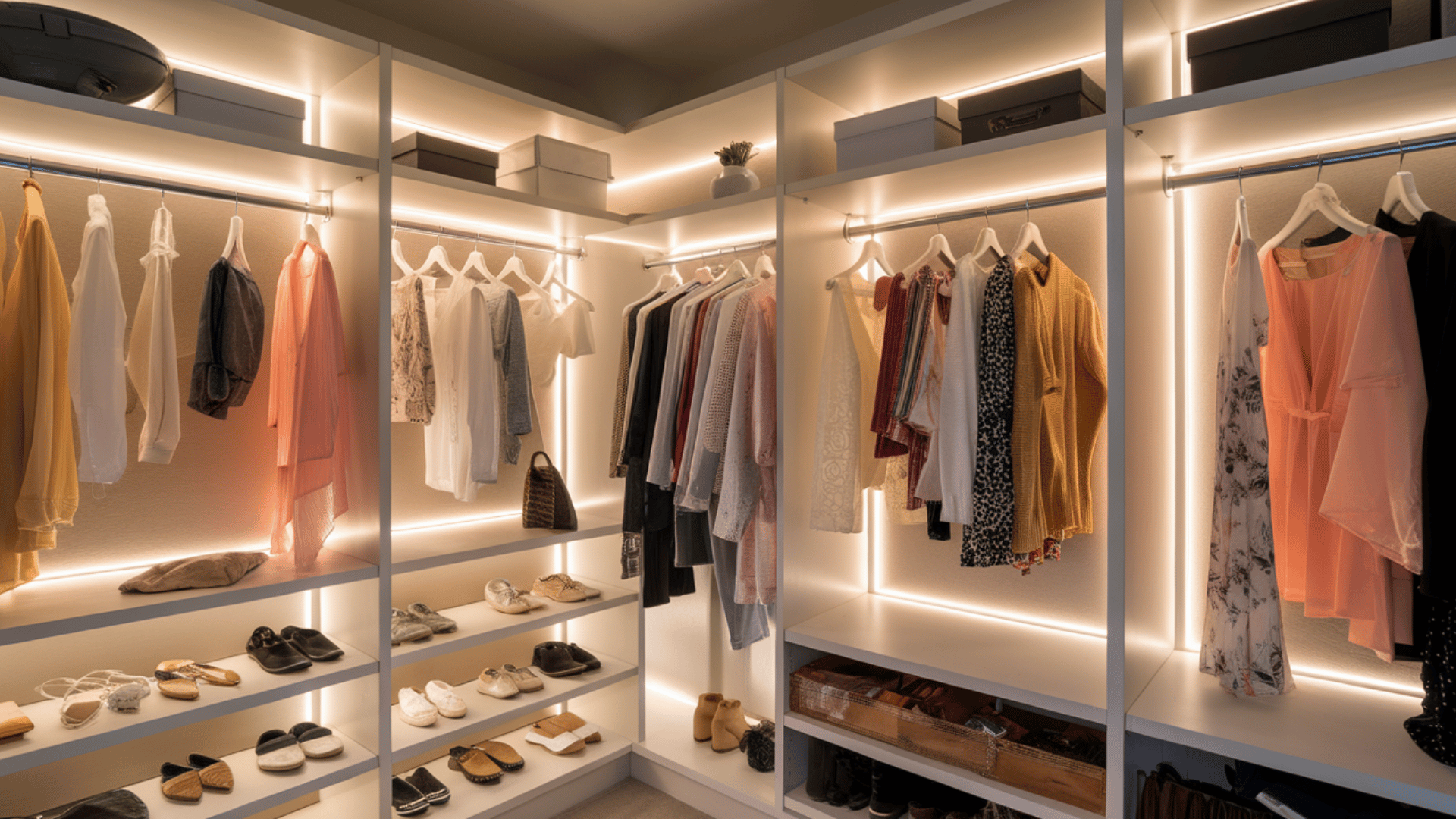 led ribbon accent lighting behind shelves to create a soft glow and highlight your wardrobe