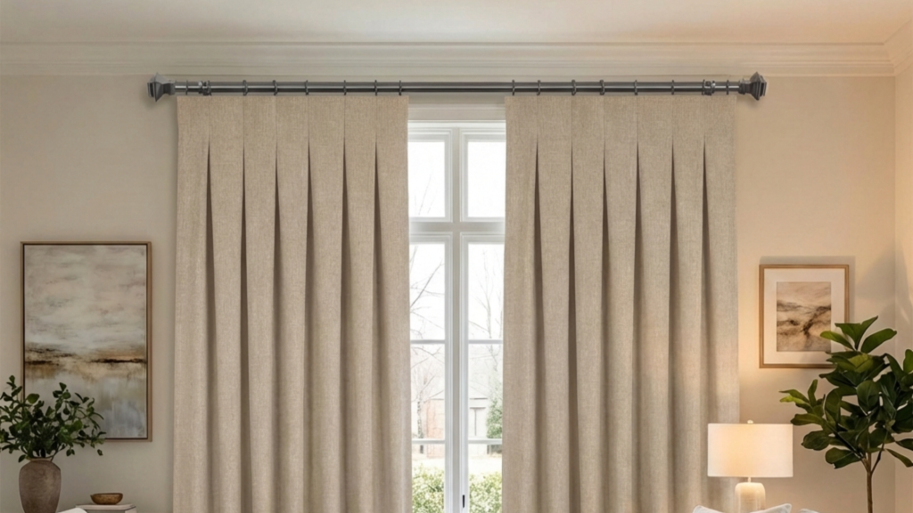 light beige curtains in a cozy living room, with modern furniture and a natural wood coffee table, allowing sunlight to fill the space