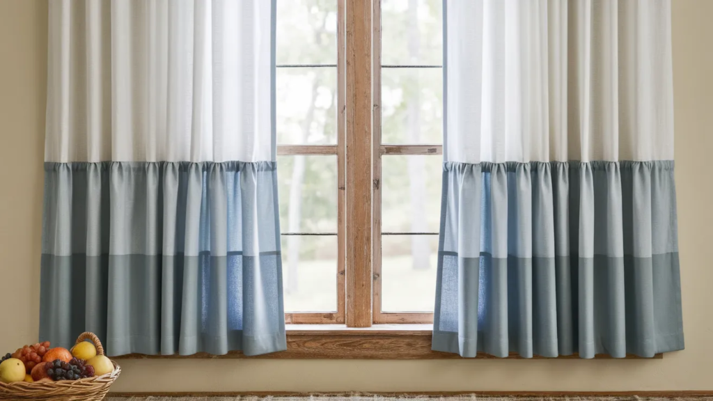 light-colored curtains with a blue ombré design, hanging over a window with a wooden frame, with a basket of fresh fruit placed on the floor below (1)
