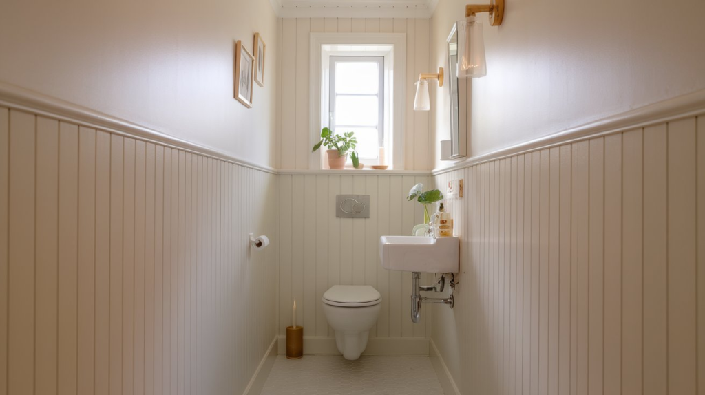 light coloured weinscoating on the bathroom walls