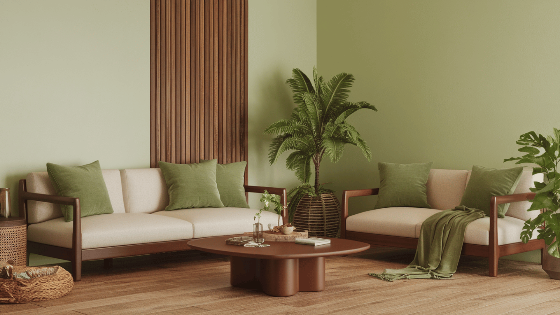 living room featuring wooden furniture, plants, and green accent walls.