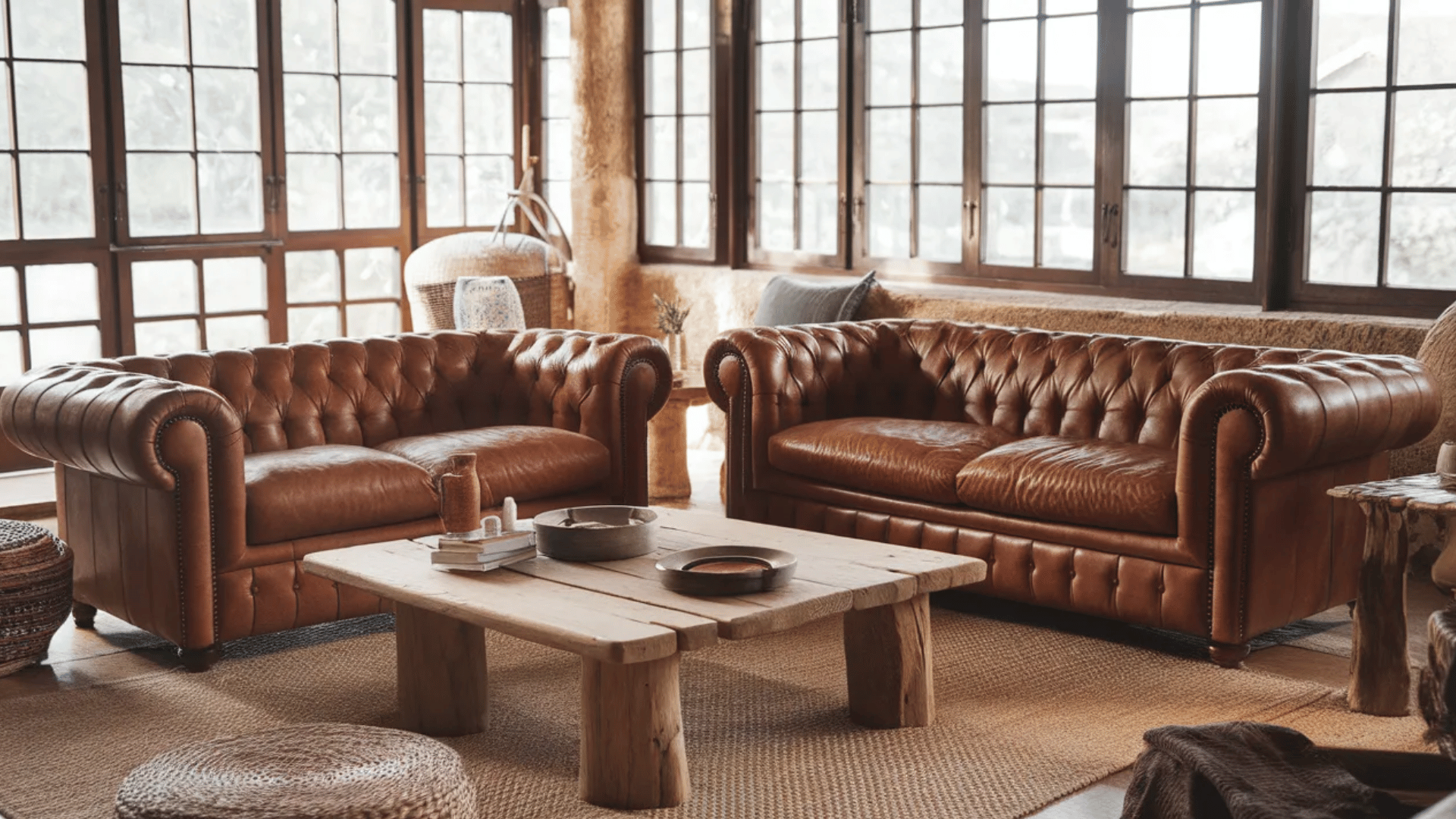 living room with brown leather sofas, rustic charm, and cozy ambiance