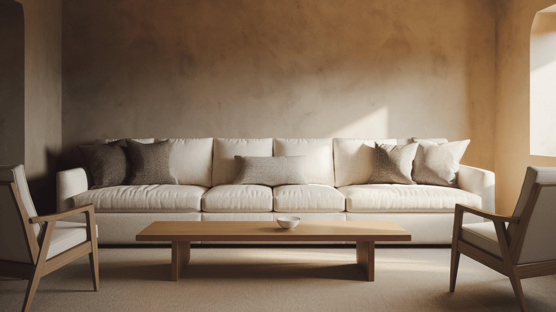 living room with cream sofa as focal point and two accent chairs angled toward it in warm natural light