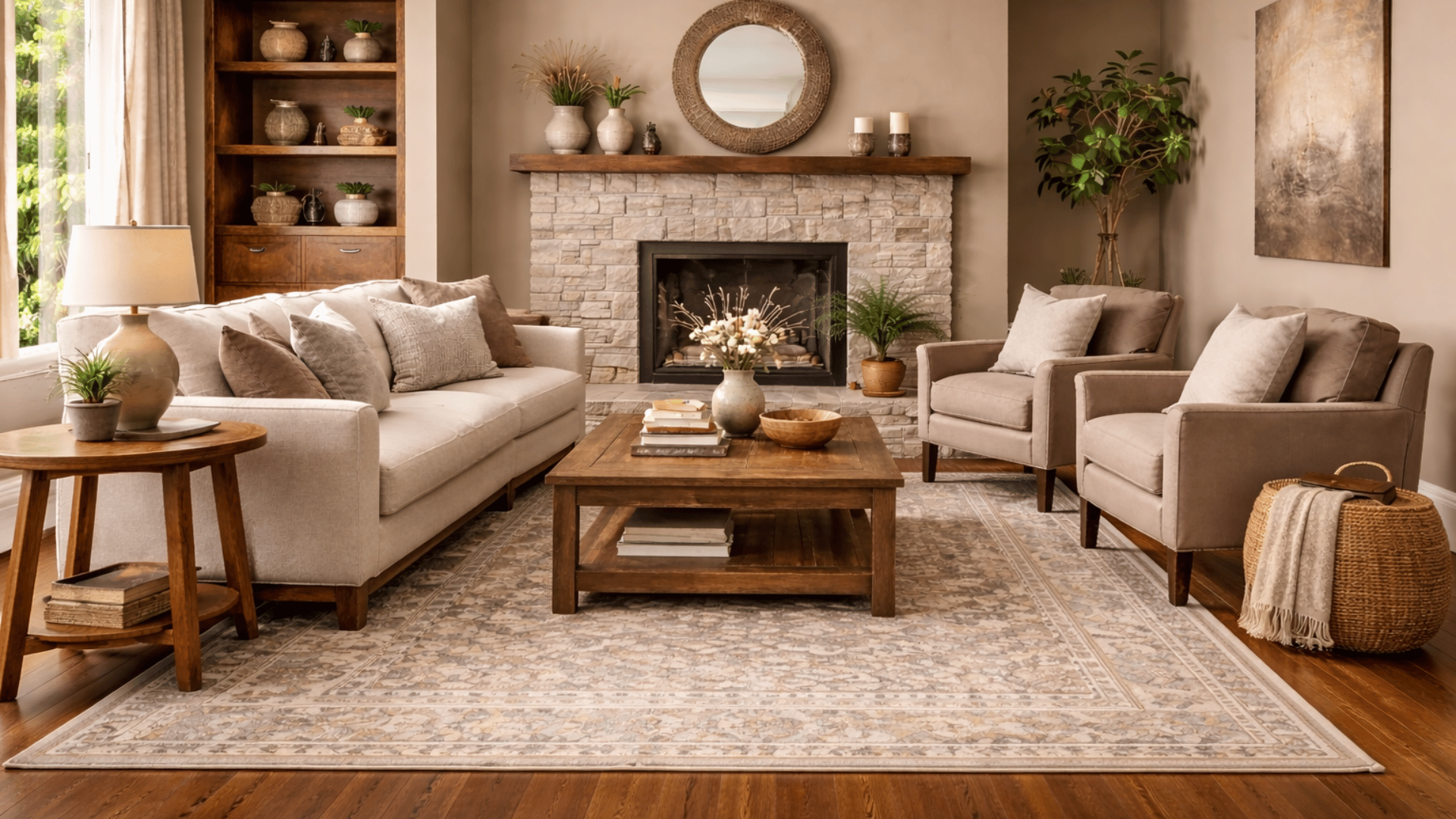 living room with dark wood floors, beige walls, and stylish wooden furniture.