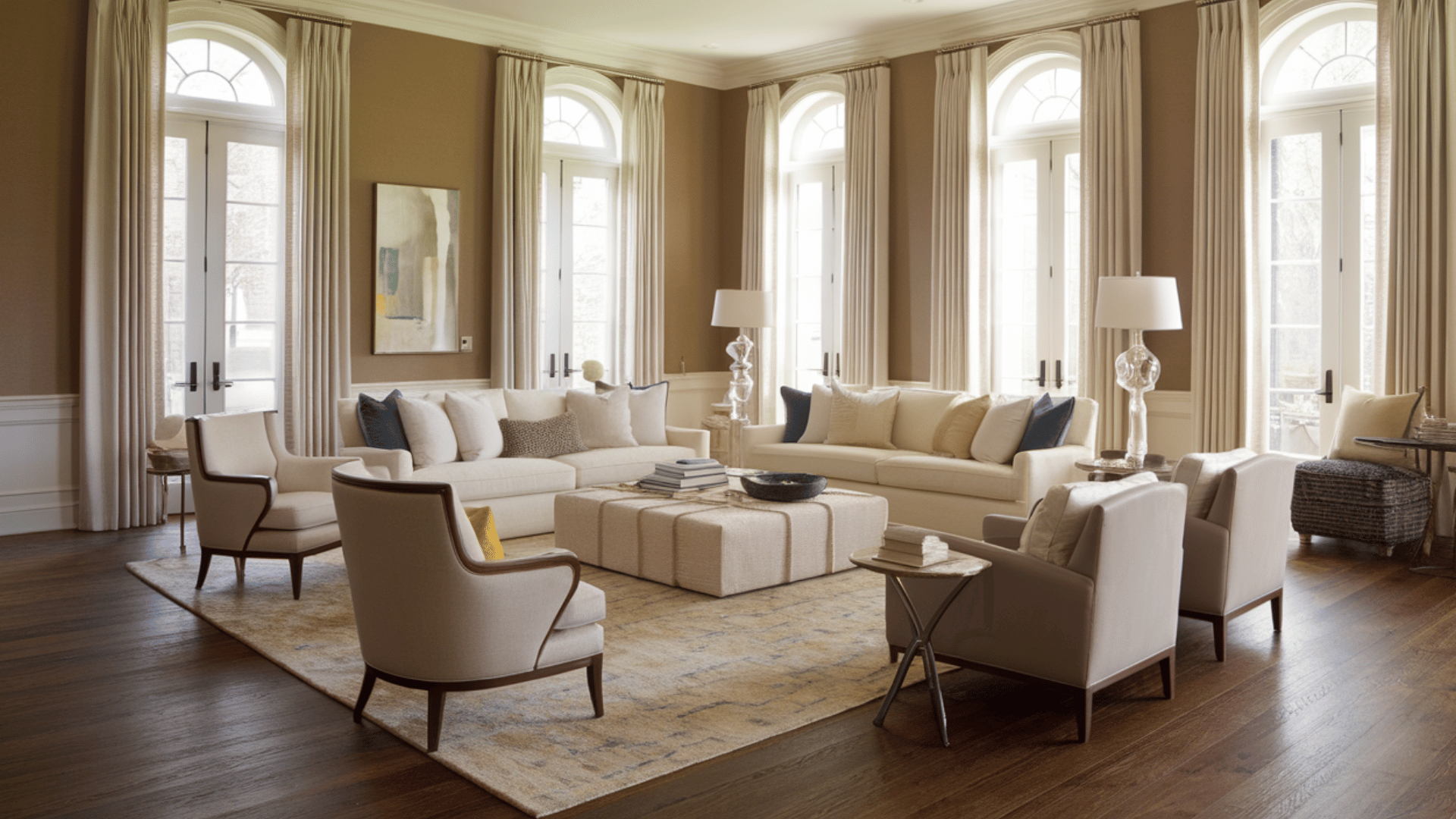 living room with large windows, neutral furniture, and stylish decor.