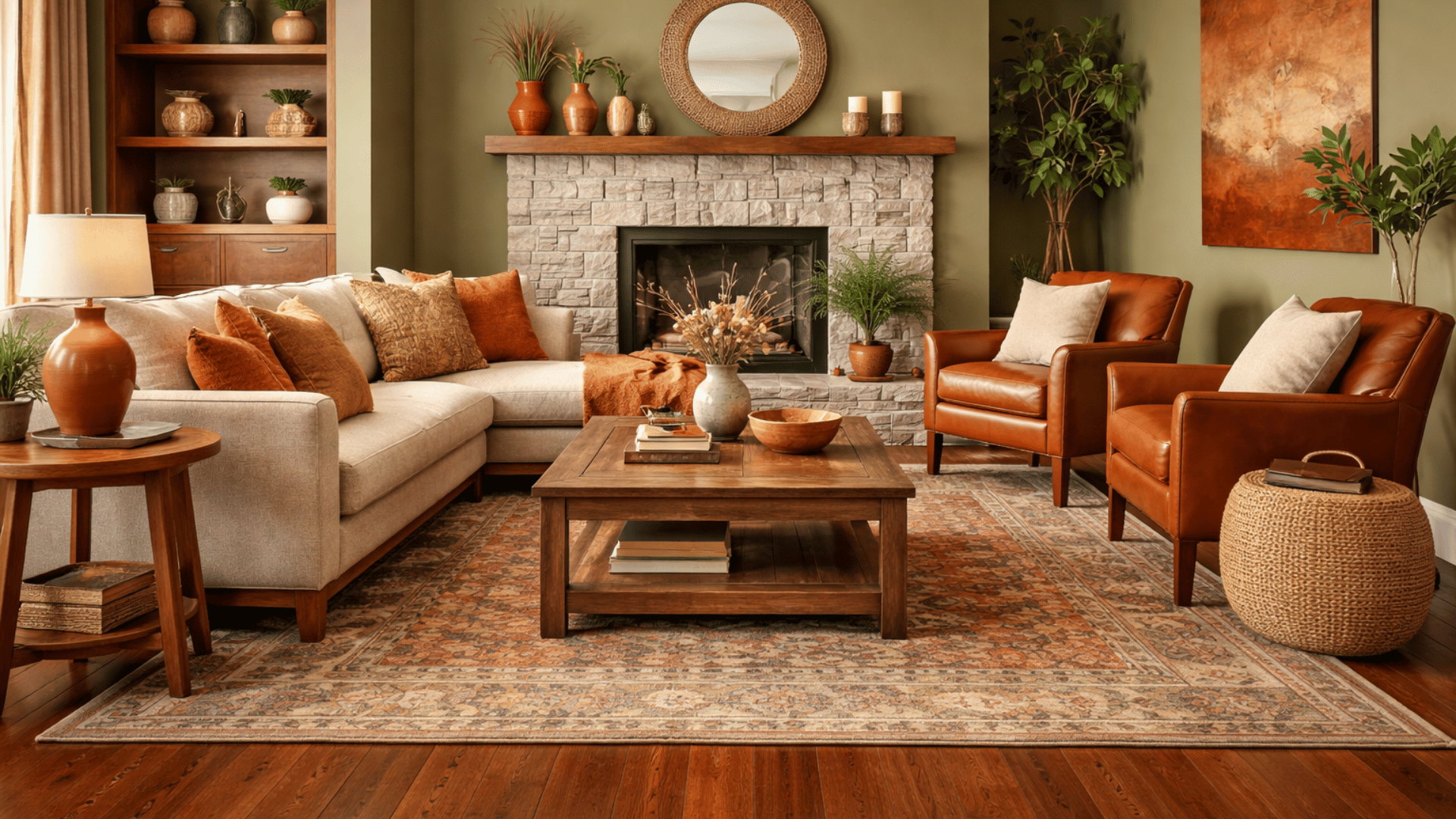 living room with neutral walls, dark walnut flooring, and earthy décor accents.