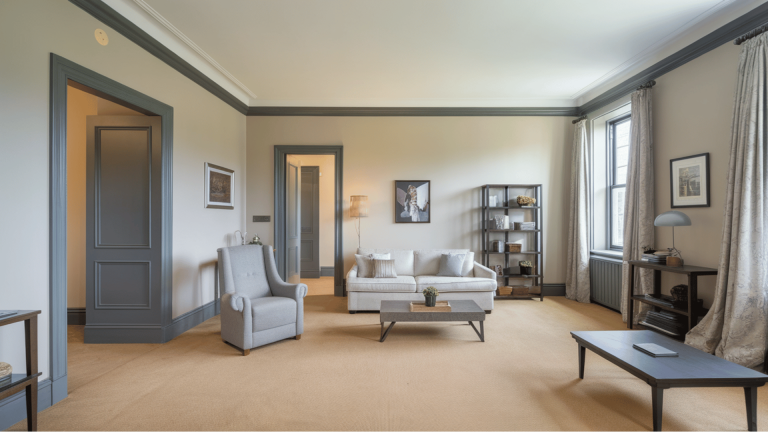 living room with professionally painted beige walls and gray trim