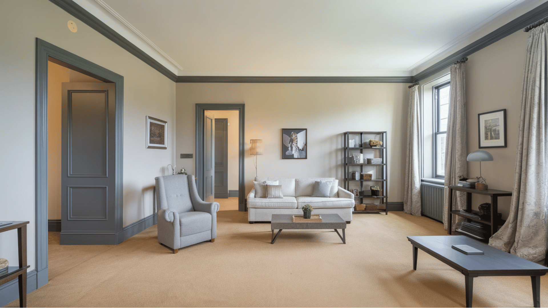 living room with professionally painted beige walls and gray trim