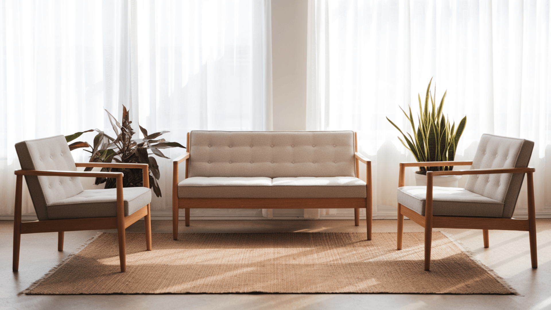 living room with sofas facing each other, rug centered, open walkway, indoor plant, and natural light from windows