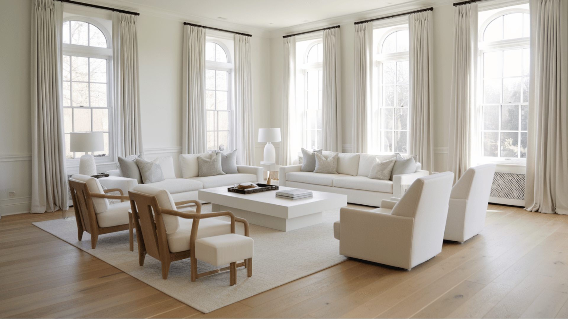 living room with white walls, large windows, light furniture and wood flooring